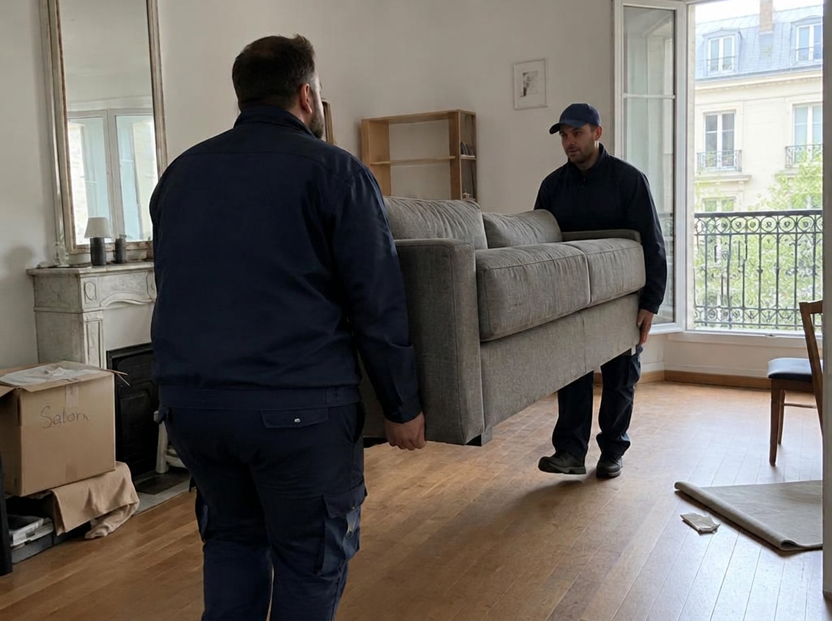 Déménageurs portant un canapé dans un appartement